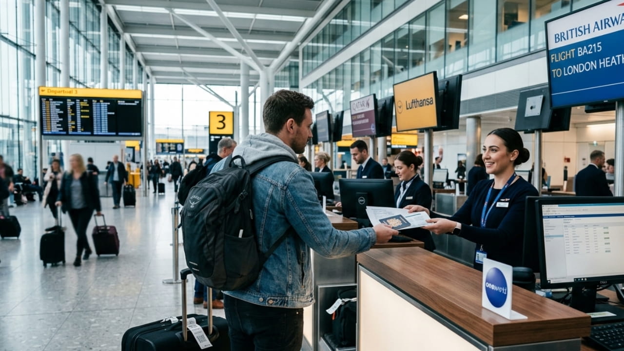 Travel documents and passport at an airport check-in desk