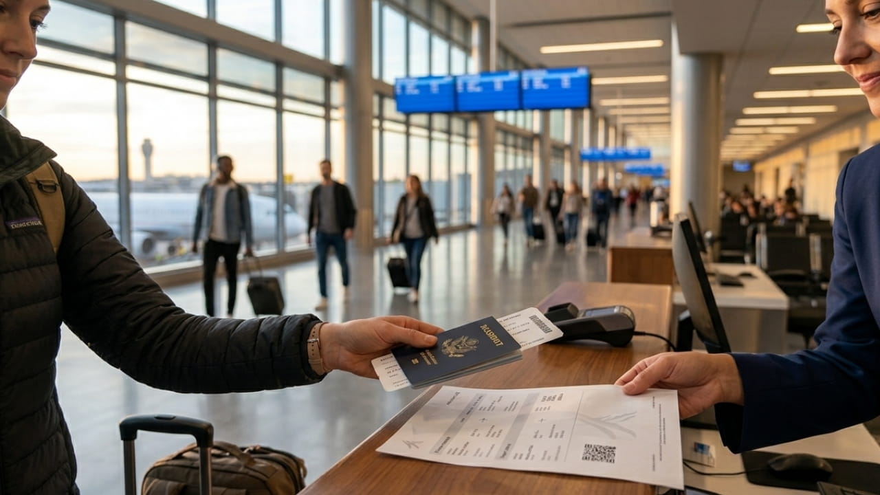 Travelers walking through an airport terminal